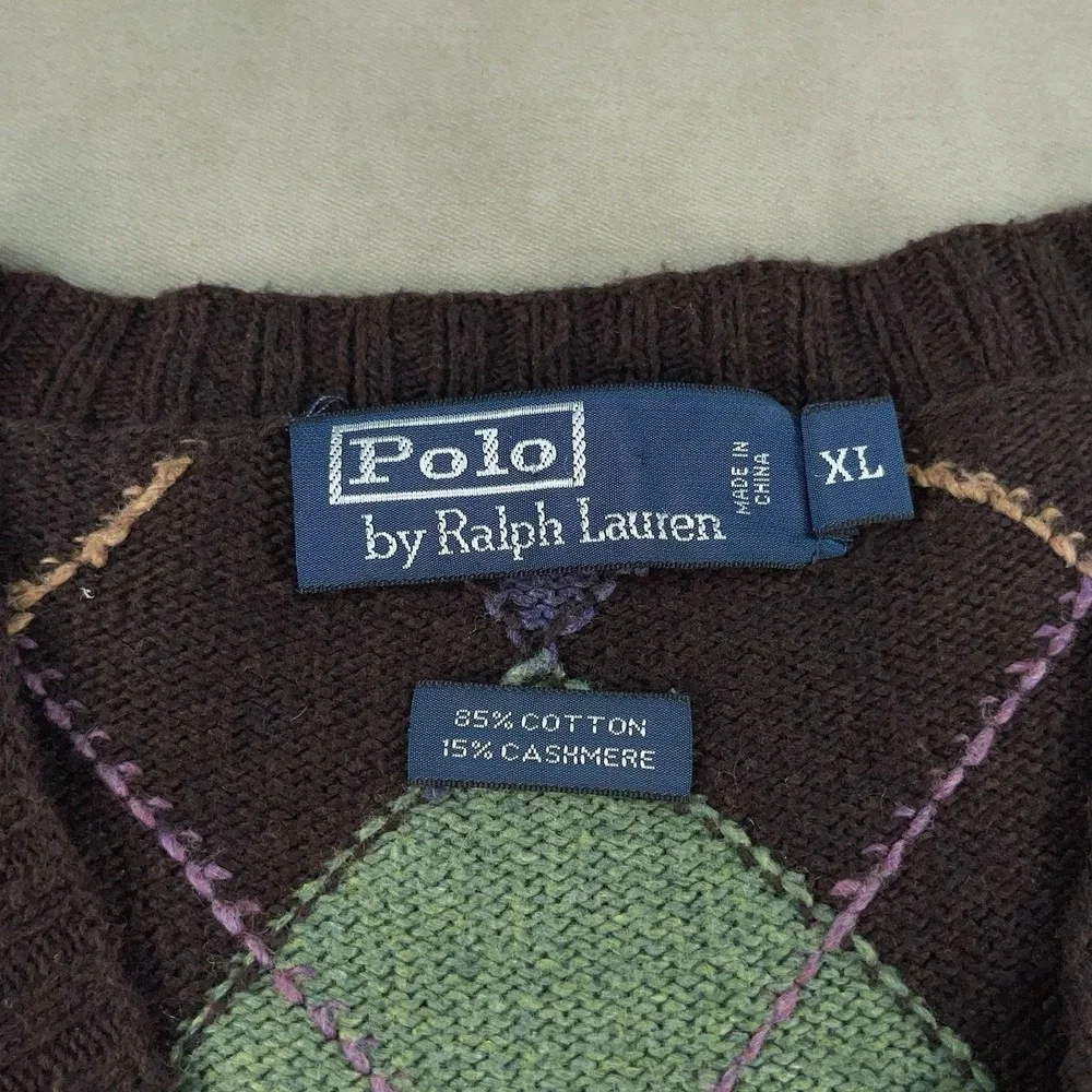 Polo‎ Ralph Lauren Sweater Mens XL Brown Green Argyle Diamond Cotton Cashmere